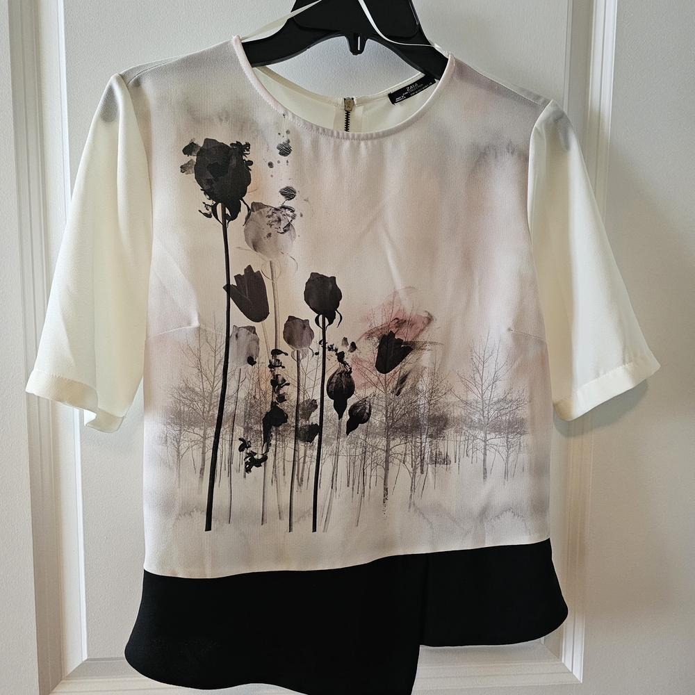 Zara Boxy Asymmetrical Half Sleeve Blouse in Black and White